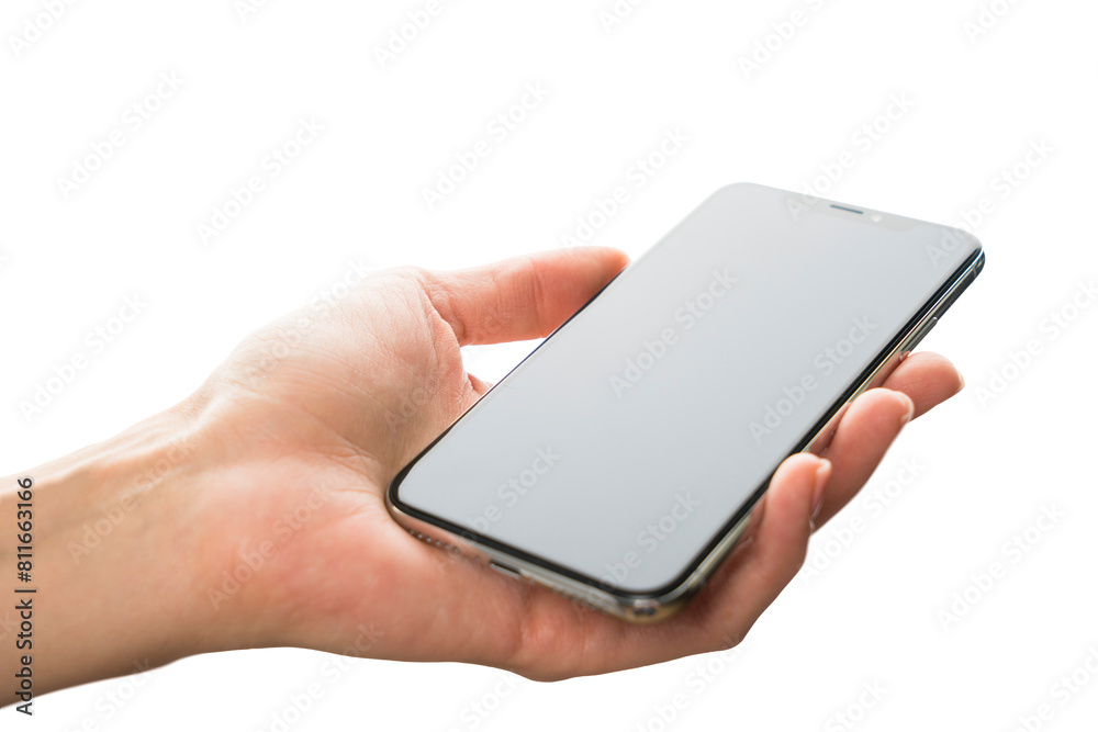 A hand holding a smartphone with a blank screen, isolated on a white background, conveying technology and connectivity A hand holding a smartphone with a blank screen, isolated on a white background, conveying technology and connectivity