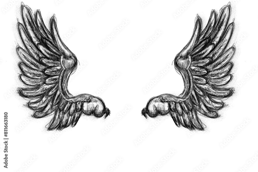 Obraz premium A pair of sketched angel wings on a white background, in a hand-drawn style, expressing the concept of freedom or spirituality