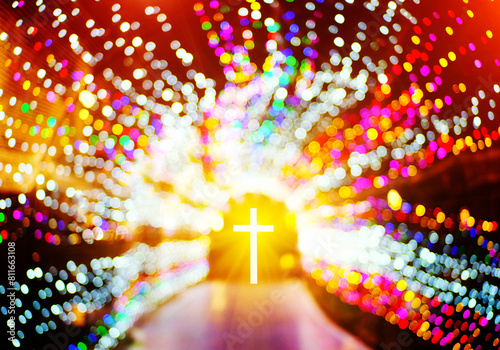 christian cross on bokeh light background, christian cross symbol