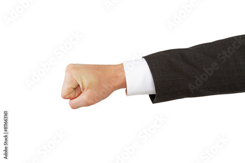 A man's clenched fist, dressed in a suit and white shirt cuff, against a white background, signifying determination or agreement