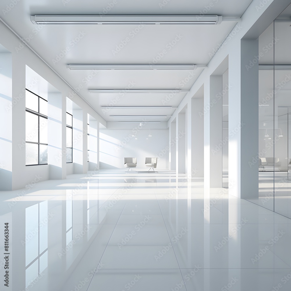 White open space office interior. Generative AI. White open space office interior. Generative AI.