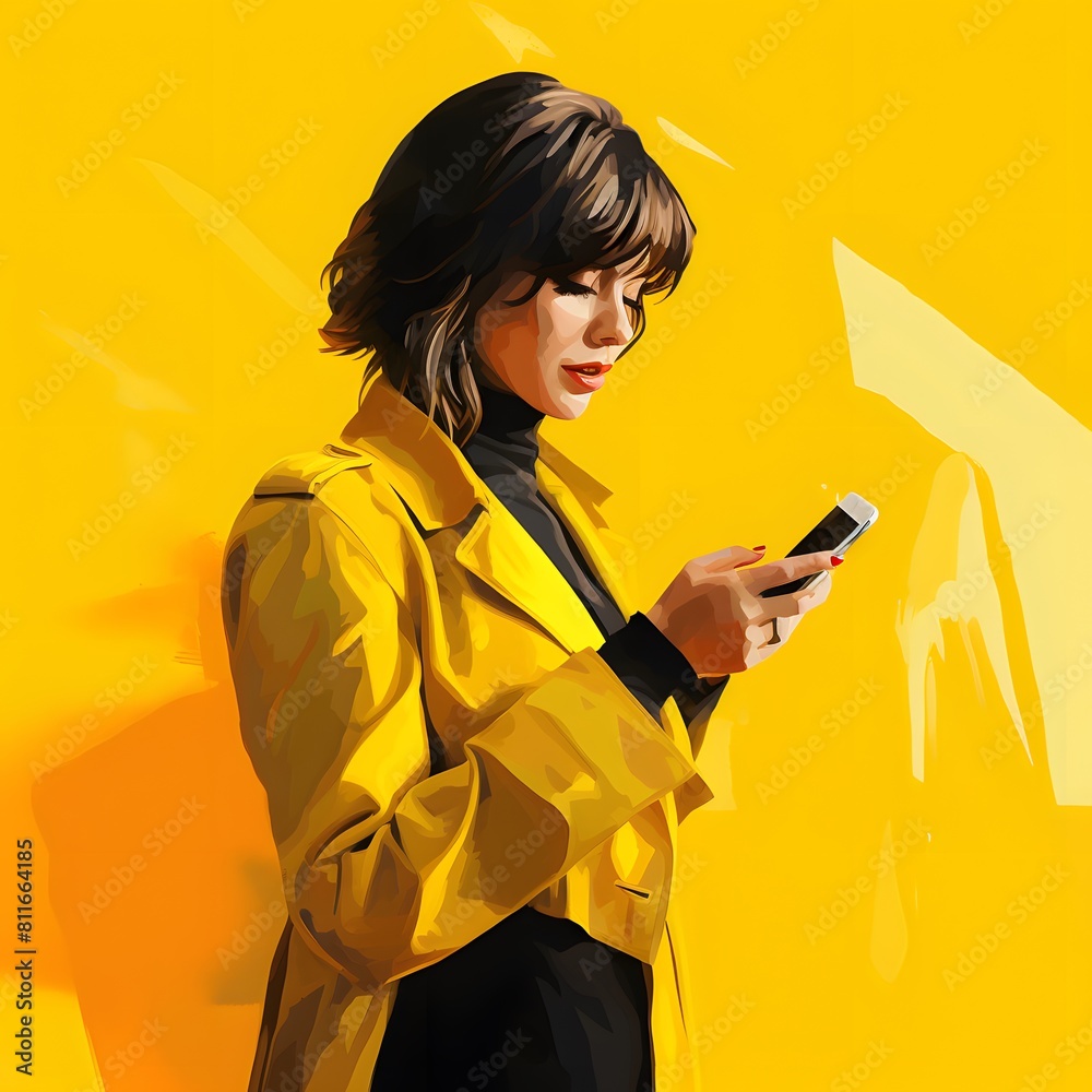 Woman with phone on yellow background. Generative AI. Woman with phone on yellow background. Generative AI.