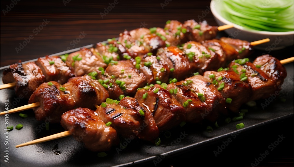 Yakitori grilled bird in Japanese, specifically to grilled chicken skewers, cinematic food photography 