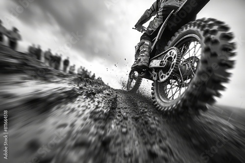 A man is riding a dirt bike on a muddy road