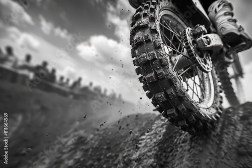 A dirt bike is shown with its tire in the air