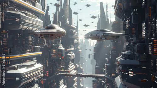 A futuristic city with hovercars and tall skyscrapers. photo