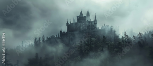 A Gothic castle shrouded in mist.