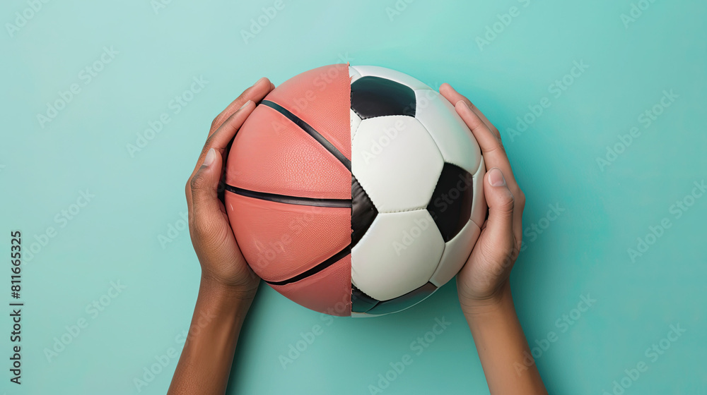 Hands holding a ball half soccer and the other half basketball ball on pastel blue background Hands holding a ball half soccer and the other half basketball ball on pastel blue background