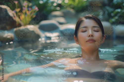 photo of a Young asian woman in outside spa with closed eyes Serene Expression  natural setting rocks and plants in the background  Japanese hotsprings onsen