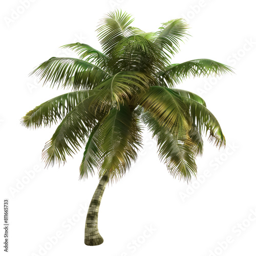 A palm tree is standing tall and alone on a white background isolated on white background or transparent background