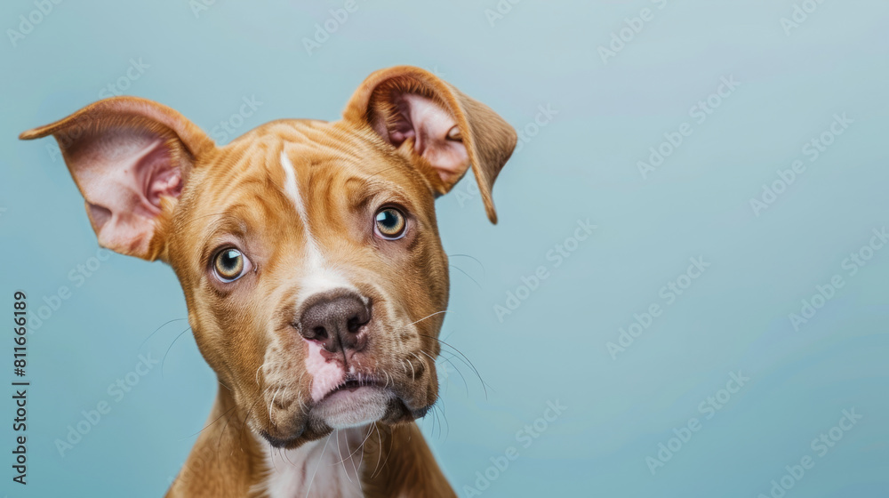 Adorable American Pit Bull Terrier puppy with questioning and curious face isolated on light blue background with copy space. Adorable American Pit Bull Terrier puppy with questioning and curious face isolated on light blue background with copy space.