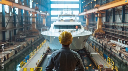 A man in a hard hat looking at a large yacht under construction in a shipyard.