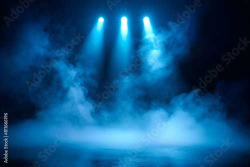 Illuminated stage with scenic lights and smoke. Blue vector spotlight with smoke volume light effect on black background