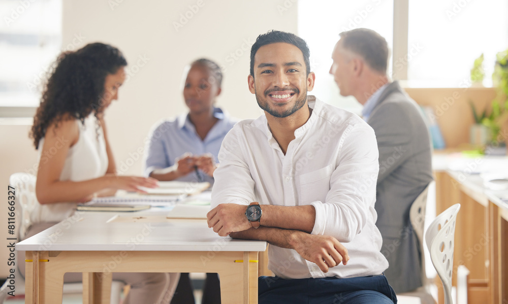 Fototapeta premium Office, meeting and portrait of businessman with smile for corporate deal, partnership and planning. Happy, employee and consultation with pride for business proposal, b2b merger and collaboration