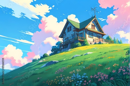 A fantasy house on top of hill, grass field, countryside meadow landscape, anime illustration flat vector manga art