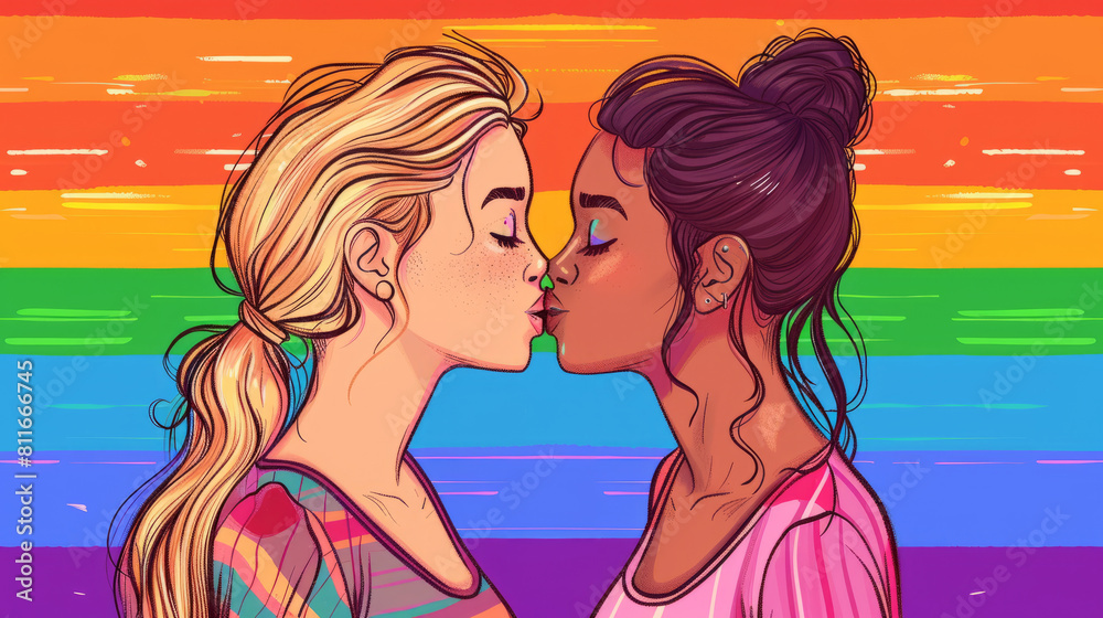 Cool looking lesbian couple cartoon kissing isolated on rainbow colors background. LGBTQ and pride month concept. Cool looking lesbian couple cartoon kissing isolated on rainbow colors background. LGBTQ and pride month concept.