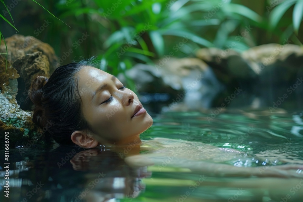 Fototapeta premium photo of a Young asian woman in outside spa with closed eyes Serene Expression, natural setting rocks and plants in the background, Japanese hotsprings onsen