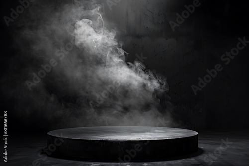 Podium black dark smoke background product platform abstract stage texture fog spotlight. Dark black floor podium dramatic empty night room table concrete wall scene place display studio smoky dust