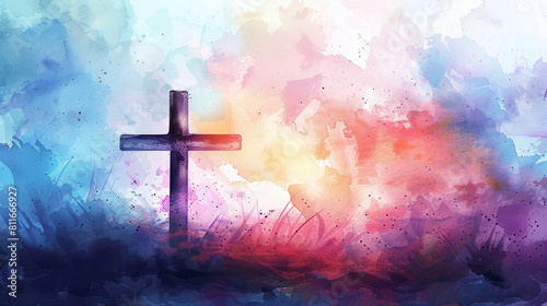 Christian cross on a grave in watercolor painting style illustration. Peaceful death, rest in peace, concept.