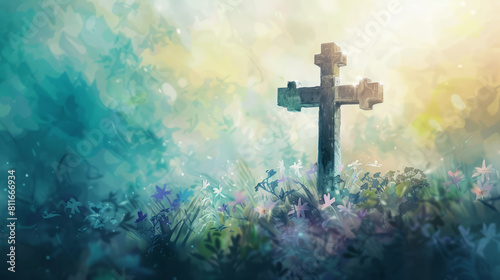 Christian cross or crucifix on a grave in watercolor painting style illustration. Peaceful death, rest in peace, concept.
