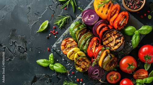 Grilled assorted vegetables on a stone board with basil top view