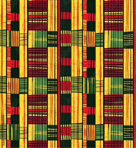 Kente cloth pattern with traditional African motifs in red, yellow and green colors, seamless vector design for fabric printing