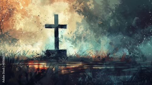 Christian cross on a grave in watercolor painting style illustration. Peaceful death, rest in peace, concept.
