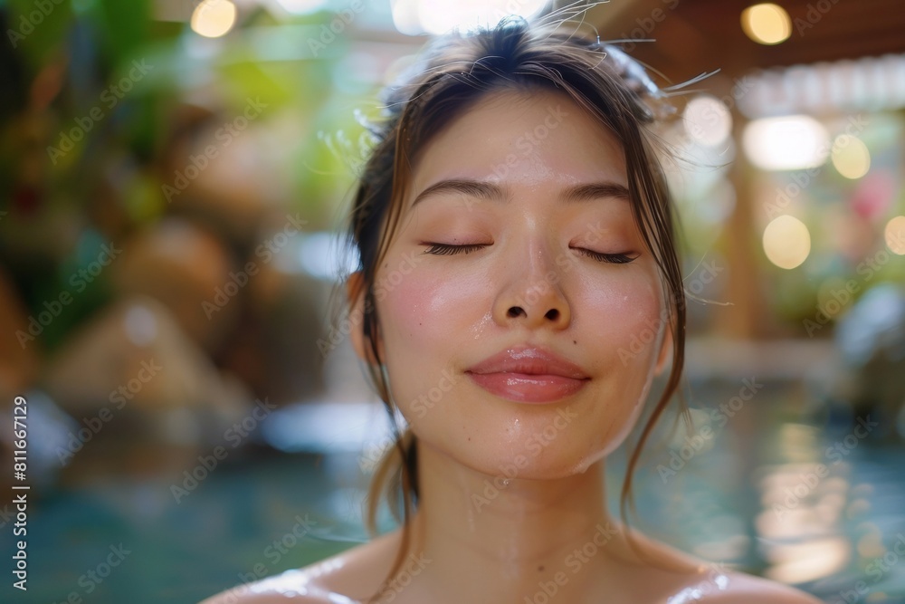 photo of a Young asian woman in outside spa with closed eyes Serene Expression, natural setting rocks and plants in the background, Japanese hotsprings onsen