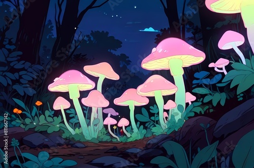 Glowing mushrooms forest  neon lights  anime illustration flat art manga nature night time