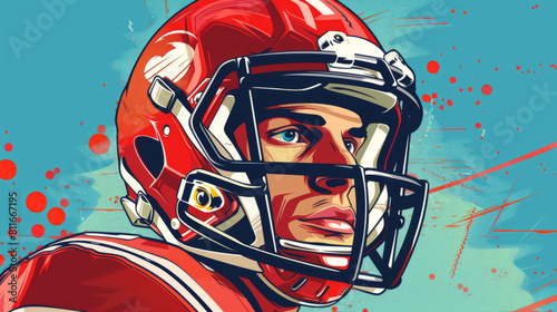 Portrait of american football player in comic style illustration.