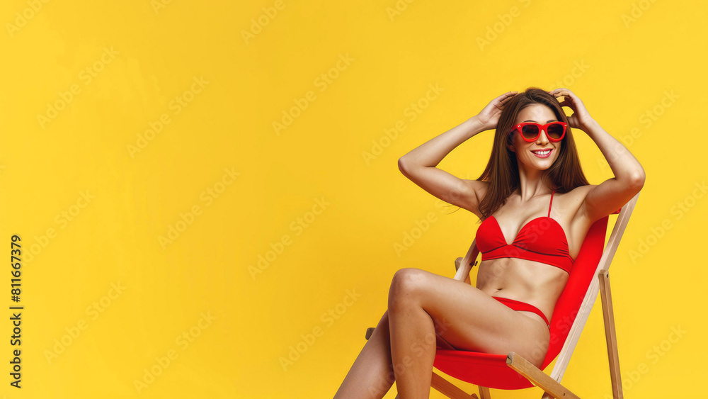 Studio photo of a beautiful girl in a red swimsuit and sunglasse Studio photo of a beautiful girl in a red swimsuit and sunglasse