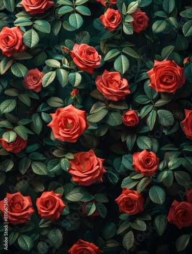 A wallpaper with red roses and green leaves.