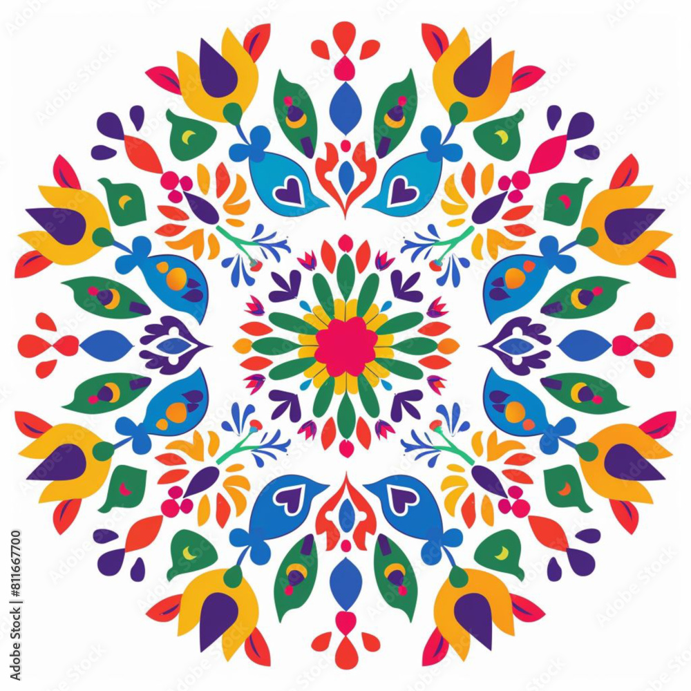 mexican folk art circular pattern, white background, vibrant colors, simple shapes, symmetrical design, traditional patterns,