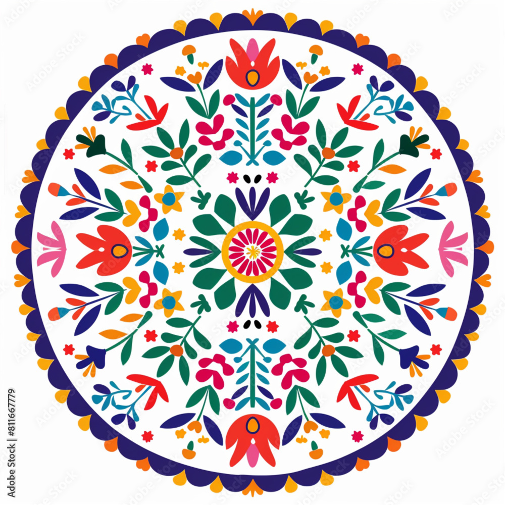 mexican folk art circular pattern, white background, vibrant colors, simple shapes, symmetrical design, traditional patterns,