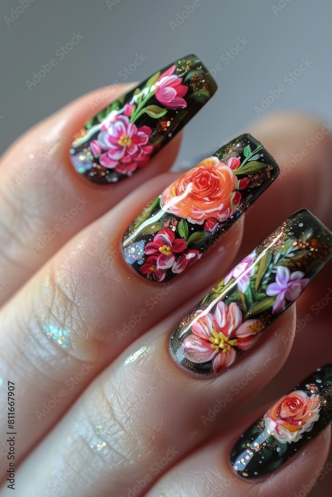 A woman's nails with flowers and glitter. A woman's nails with flowers and glitter.
