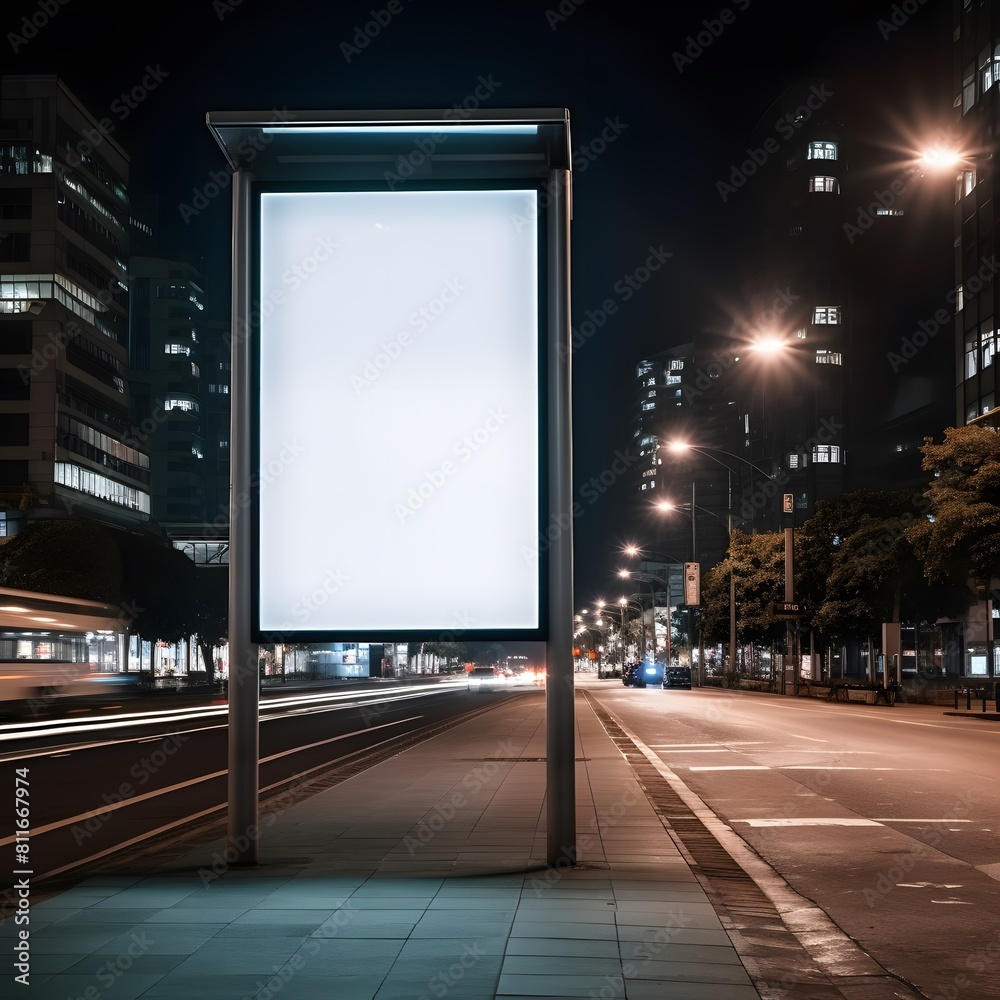 White vertical digital billboard poster on city. Generative AI. White vertical digital billboard poster on city. Generative AI.