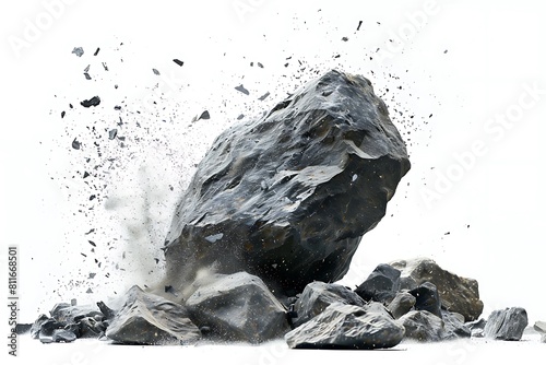 Rock stone white background fall black falling space isolated splash dust mountain cliff flying. Earth stone boulder texture rock abstract broken powder white dirt blast float burst fantasy surface photo