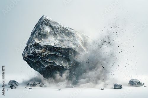 Rock stone white background fall black falling space isolated splash dust mountain cliff flying. Earth stone boulder texture rock abstract broken powder white dirt blast float burst fantasy surface