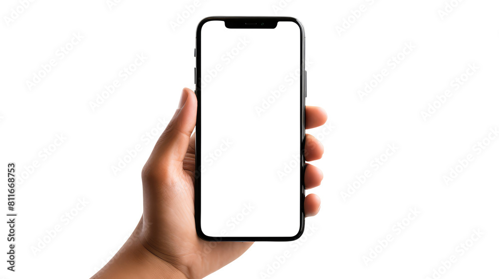 hand holding smart phone isolated on transparent white background, clipping path hand holding smart phone isolated on transparent white background, clipping path