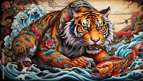A watercolor painting of a tiger with flowers and water.