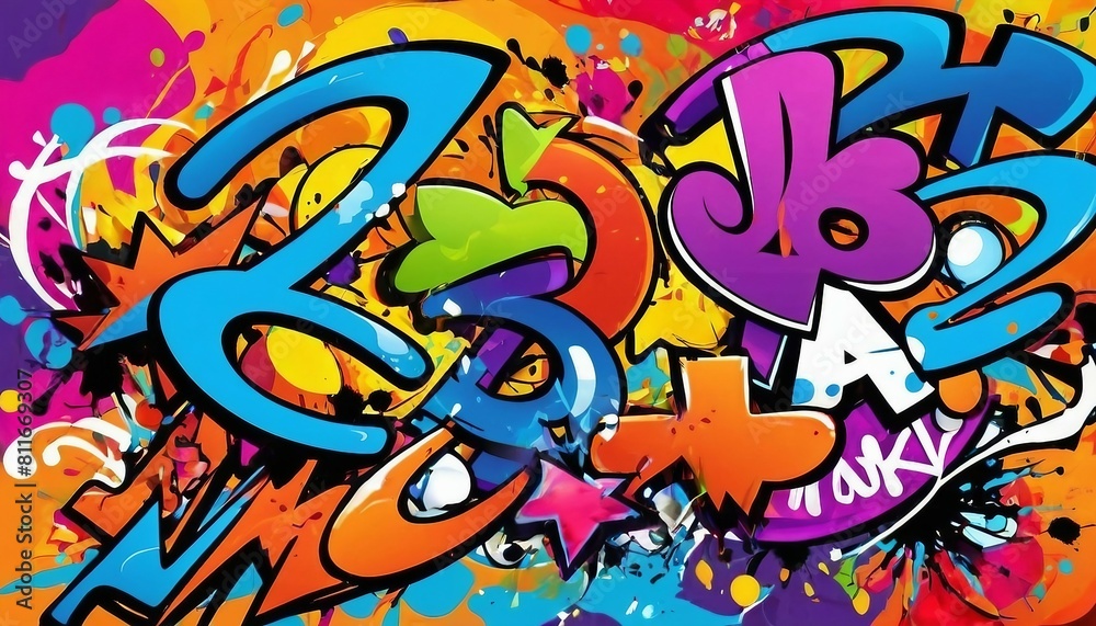 Abstract graffiti art background with vibrant colors and street art motifs.