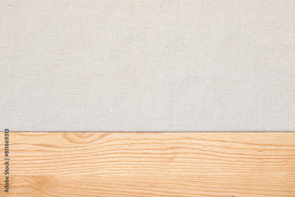 Burlap lay on the oak tabletop. Burlap and oak texture background.