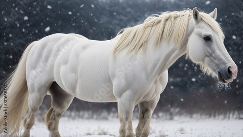A white horse with long white mane and tail standing in a snowy field, facing the viewer.