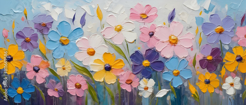 Artistic watercolor backdrop featuring a variety of colorful flowers in a blooming garden scene.