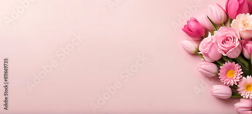 3D render happy Mother's Day banner with copy space. Celebrating Mother's Day with, heart and flowers DESIGN.  © Land Stock