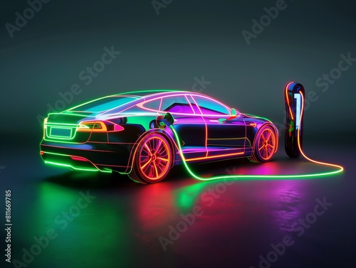 A modern electric car with vibrant neon outlining parked next to a neon-lit EV charging point.