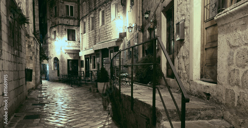 Montenegro, popular medieval Kotor city, Europe, night view photo