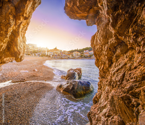 rocks and cave near Pzrno beach, Europe, Montenegro, coast near famous Sveti Stefan island