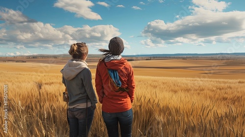 Couple of hikers in the middle of a wheat field looking at the horizon