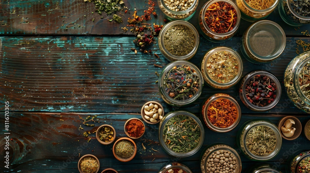 Top view of glass jars full of mixed dried herbs for creating herbal tea used for remedies in healthcare on the wooden dark table with copy space on the left Top view of glass jars full of mixed dried herbs for creating herbal tea used for remedies in healthcare on the wooden dark table with copy space on the left